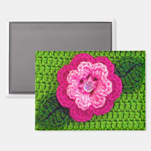 Roze Bloem Grass Green Leaf Artisan Haakprint Magneet (Voorkant / Achterkant)