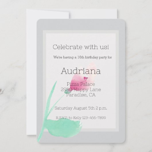  Roze Bloem Grijs 16e Verjaardag Kaart (Voorkant)