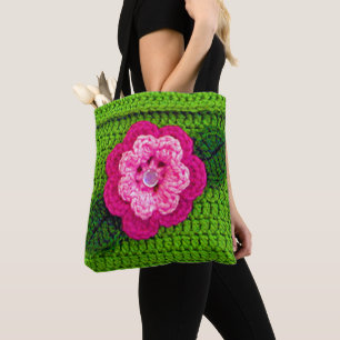 Roze Bloem Groene bladeren Artisan haakprint Tote Bag