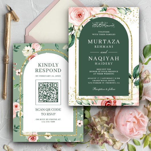 Roze Bloem Groene Boog QR Code Moslim Trouwdag Kaart
