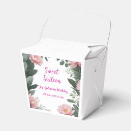  roze bloem groene eucalyptus 16e verjaardag bedankdoosjes