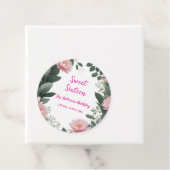  roze bloem groene eucalyptus 16e verjaardag bedankjes labels (In situ)