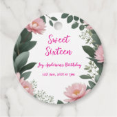  roze bloem groene eucalyptus 16e verjaardag bedankjes labels (Voorkant)