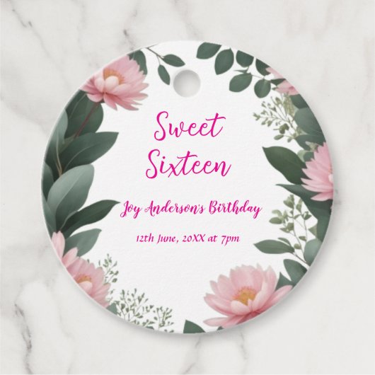  roze bloem groene eucalyptus 16e verjaardag bedankjes labels (Voorkant)