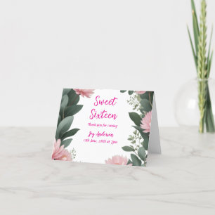  roze bloem groene eucalyptus 16e verjaardag bedankkaart