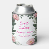 roze bloem groene eucalyptus 16e verjaardag blikjeskoeler (Blikje Voorkant)