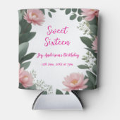  roze bloem groene eucalyptus 16e verjaardag blikjeskoeler (Voorkant)