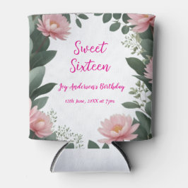  roze bloem groene eucalyptus 16e verjaardag blikjeskoeler