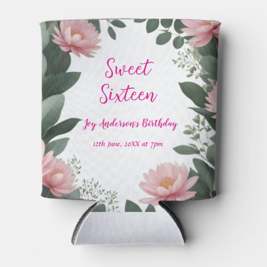 roze bloem groene eucalyptus 16e verjaardag blikjeskoeler (Voorkant)