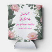 roze bloem groene eucalyptus 16e verjaardag blikjeskoeler (Achterkant)