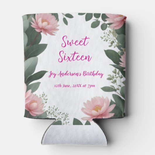  roze bloem groene eucalyptus 16e verjaardag blikjeskoeler (Achterkant)