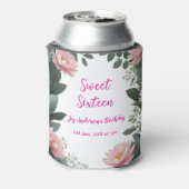 roze bloem groene eucalyptus 16e verjaardag blikjeskoeler (Blikje Achterkant)