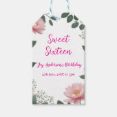  roze bloem groene eucalyptus 16e verjaardag cadeaulabel (Voorkant)