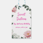  roze bloem groene eucalyptus 16e verjaardag cadeaulabel (Achterkant)