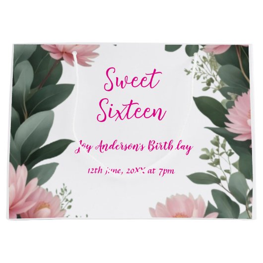  roze bloem groene eucalyptus 16e verjaardag groot cadeauzakje (Voorkant)