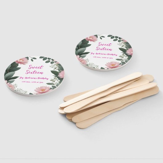  roze bloem groene eucalyptus 16e verjaardag handwaaier (Niet-gemonteerd)