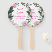  roze bloem groene eucalyptus 16e verjaardag handwaaier (Voorkant en achterkant)