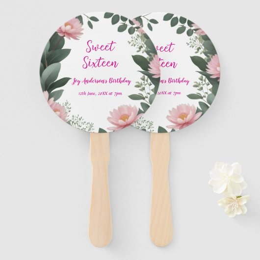  roze bloem groene eucalyptus 16e verjaardag handwaaier (Voorkant en achterkant)