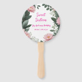  roze bloem groene eucalyptus 16e verjaardag handwaaier (Voorkant)