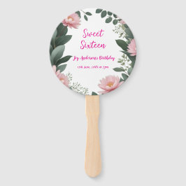  roze bloem groene eucalyptus 16e verjaardag handwaaier