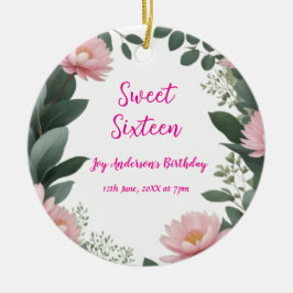  roze bloem groene eucalyptus 16e verjaardag keramisch ornament