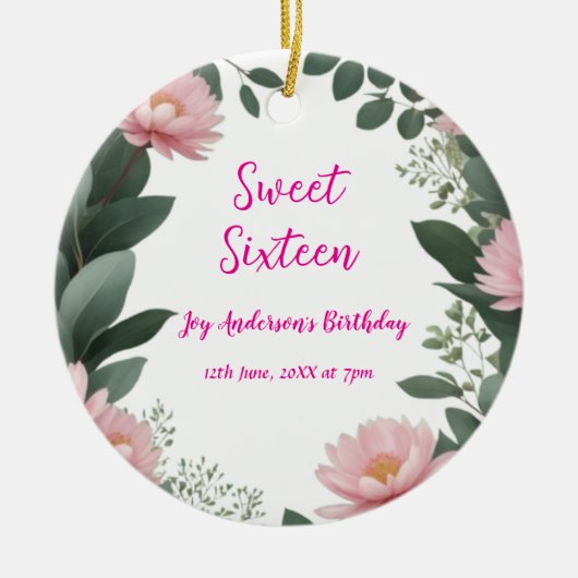  roze bloem groene eucalyptus 16e verjaardag keramisch ornament (Voorkant)