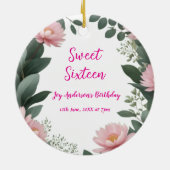  roze bloem groene eucalyptus 16e verjaardag keramisch ornament (Achterkant)