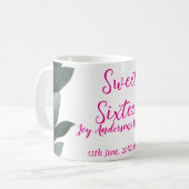 roze bloem groene eucalyptus 16e verjaardag koffiemok (Voorkant links)