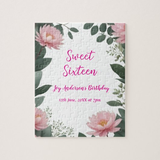  roze bloem groene eucalyptus 16e verjaardag legpuzzel (Verticaal)