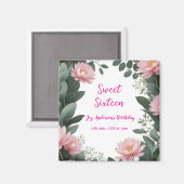  roze bloem groene eucalyptus 16e verjaardag magneet (Voorkant / Achterkant)