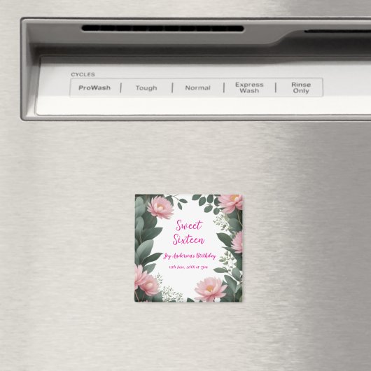 roze bloem groene eucalyptus 16e verjaardag magneet (Insitu (Vaatwasser))