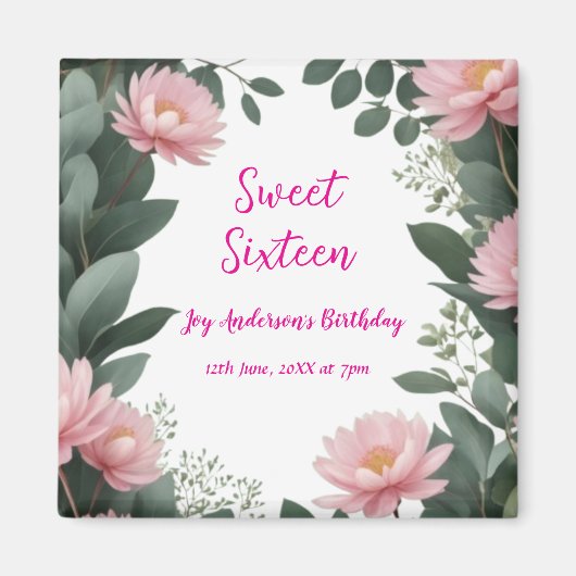  roze bloem groene eucalyptus 16e verjaardag magneet (Voorkant)