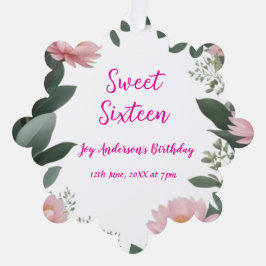  roze bloem groene eucalyptus 16e verjaardag ornament kaart