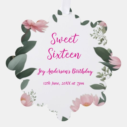 roze bloem groene eucalyptus 16e verjaardag ornament kaart (Voorkant)