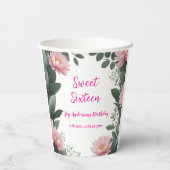 roze bloem groene eucalyptus 16e verjaardag papieren bekers (Achterkant)