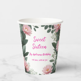  roze bloem groene eucalyptus 16e verjaardag papieren bekers