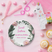 roze bloem groene eucalyptus 16e verjaardag papieren bordje (Feest)