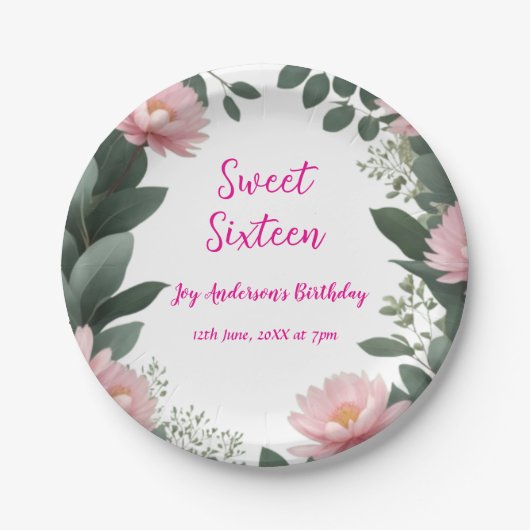 roze bloem groene eucalyptus 16e verjaardag papieren bordje (Voorkant)