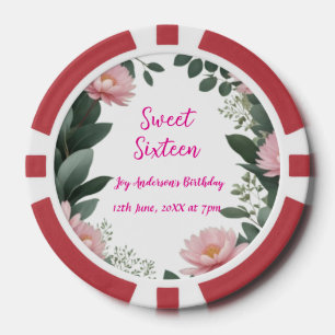 roze bloem groene eucalyptus 16e verjaardag poker chips