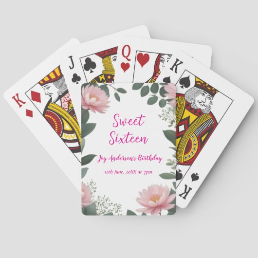  roze bloem groene eucalyptus 16e verjaardag pokerkaarten (Achterkant)