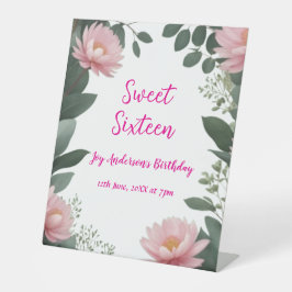  roze bloem groene eucalyptus 16e verjaardag reclamebord met voetstuk