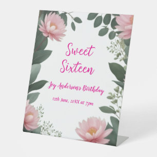 roze bloem groene eucalyptus 16e verjaardag reclamebord met voetstuk