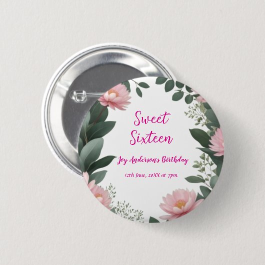  roze bloem groene eucalyptus 16e verjaardag ronde button 5,7 cm (Voorkant /achterkant)