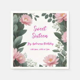  roze bloem groene eucalyptus 16e verjaardag servet