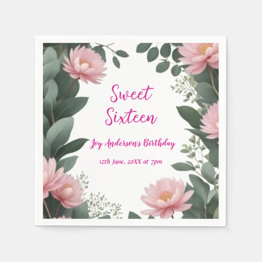  roze bloem groene eucalyptus 16e verjaardag servet (Voorkant)