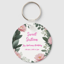  roze bloem groene eucalyptus 16e verjaardag sleutelhanger