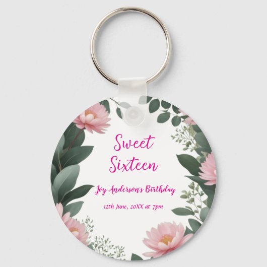  roze bloem groene eucalyptus 16e verjaardag sleutelhanger (Voorkant)