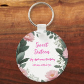  roze bloem groene eucalyptus 16e verjaardag sleutelhanger (Achterkant)