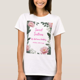  roze bloem groene eucalyptus 16e verjaardag t-shirt