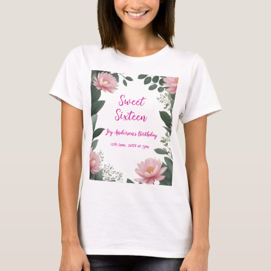 roze bloem groene eucalyptus 16e verjaardag t-shirt (Voorkant)